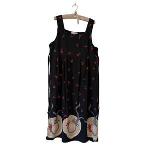 Vintage 90s Cherry & Sun Hat Print Black Rayon Tie Waist Maxi Sundress Sz 16 XL